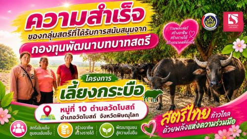 กลุ่มสตรีอำเภอวัดโบสถ์ ที่ได้รับการสนับสนุนงบประมาณในการดำเนินโครงการ "เลี้ยงกระบือ" จากกองทุนพัฒนาบทบาทสตรี  ดำเนินการ ณ หมู่ที่ 10 ตำบลวัดโบสถ์ อำเภอวัดโบสถ์ จังหวัดพิษณุโลก